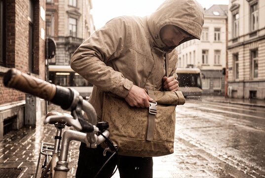 Male cyclist in a hooded waterproof jacket opening a shoulder bag on a rainy city street beside his bicycle