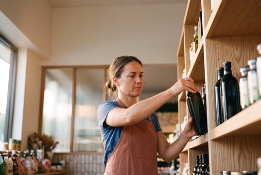 Focused female small business owner organizing organic olive oil bottles on wooden shelves in a boutique grocery store