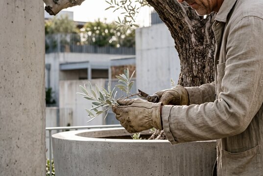 Gardener in protective work gloves carefully pruning an olive tree branch with secateurs on a modern outdoor terrace