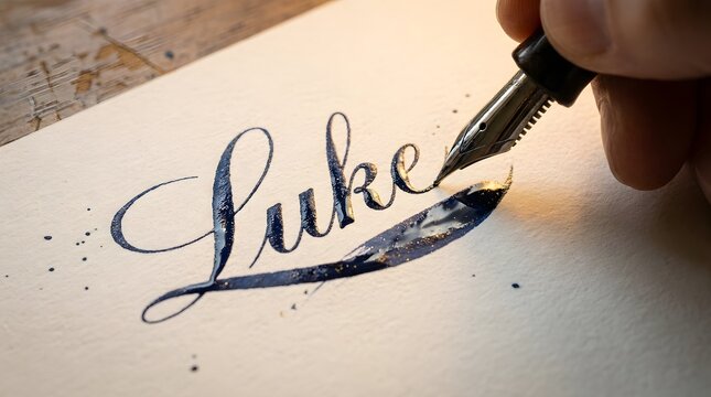 Handwriting the name Luke with a fountain pen and ink on paper.