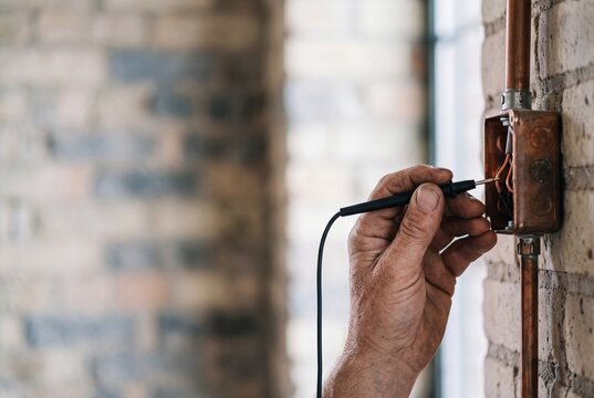 Electrician testing electrical wiring inside a copper junction box on a brick wall with a multimeter probe