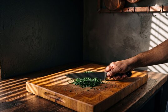 A chef's hand finely chopping fresh green herbs on a wooden cutting board in natural sunlight
