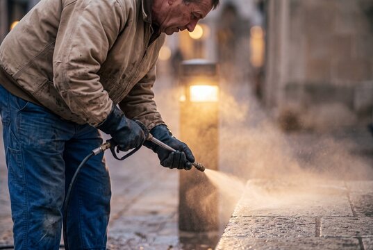 Municipal Worker Cleaning Stone Pavement with High Pressure Washer on City Street in the Evening
