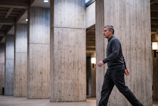Mature businessman walking past large concrete pillars in modern brutalist architecture interior