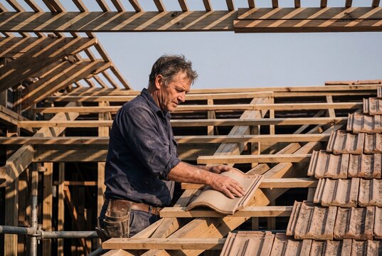 Professional roofer installing clay tiles on the wooden frame of a house roof during residential construction