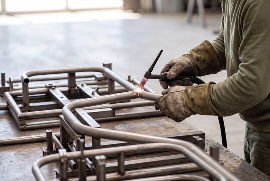 Professional factory worker using a TIG welding torch to join curved steel pipes on an industrial workbench in a metal workshop