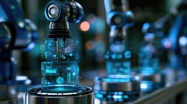 Futuristic robotic arms assembling high-tech bottles with glowing data, showcasing advanced automation and innovative technology in a modern manufacturing environment