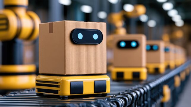 Cute robotic delivery bot on a conveyor belt in a modern warehouse featuring industrial automation and advanced technology in a busy logistics environment