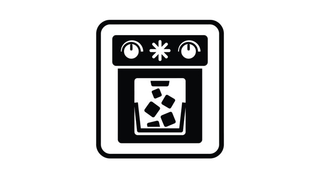 Modern ice maker machine graphic icon featuring a square container filled with cold cubes and simple control dial interface elements