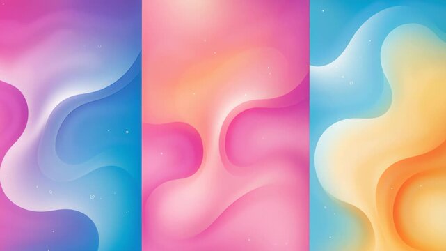 Abstract Fluid Artistry: A trio of vibrant, flowing abstract designs in soft pastel hues, reminiscent of organic shapes and gentle waves, perfect for modern backgrounds or digital art.
