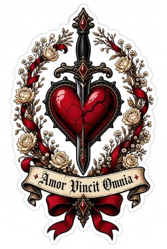 Cracked red heart pierced by dagger with rose wreath and ribbon banner