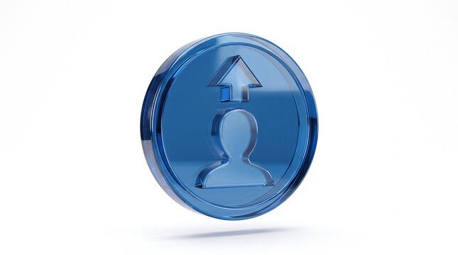 Blue glossy coin icon with a person silhouette and an upward arrow symbol representing growth and career advancement