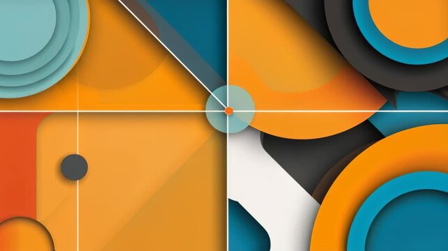 Abstract Geometric Layers: A vibrant and dynamic composition featuring overlapping geometric shapes and circles in shades of orange, teal, and gray, creating a sense of depth and modern design.