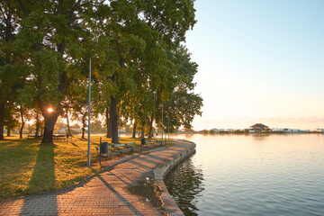 Neptun Lake at the Neptun resort in Constanța, Romania, filled with water lilies. © Marius Burcea