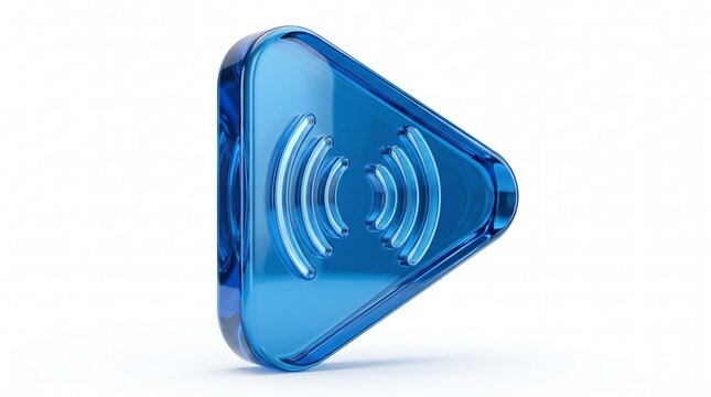Shiny blue glass play button icon with radio wave signal symbol for digital media and streaming technology concepts