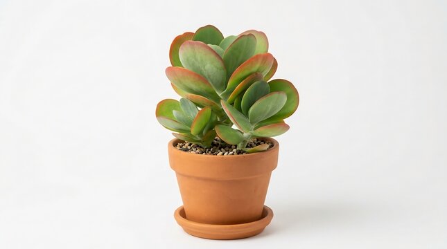 Potted succulent plant with thick green leaves and red edges in terracotta pot on white background