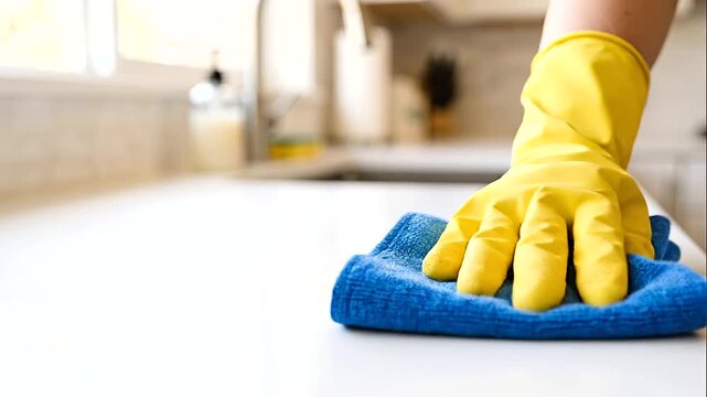 Close-up of a hand in yellow rubber gloves wiping a white kitchen countertop with a blue microfiber cloth, representing household cleaning, hygiene and surface disinfection.