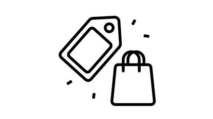 Fototapeta premium Black outline illustration of a shopping bag and price tag with small dashes, isolated on white background