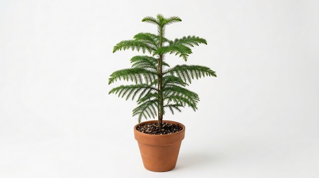 Small norfolk island pine tree with symmetrical green branches in a clay pot