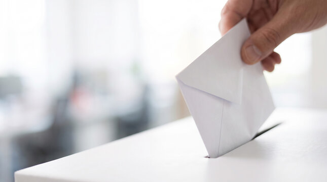Macro perspective highlighting a voters fingers guiding a securely folded anonymous paper document through the narrow slit of a specialized minimalist white container structure.