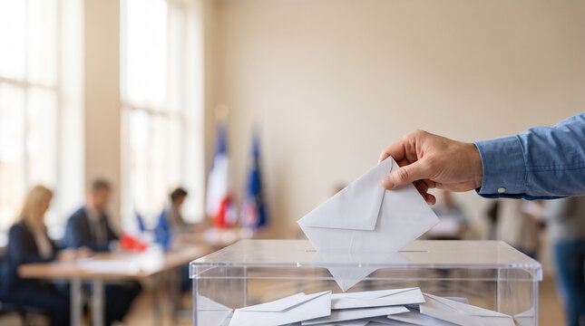 Electorate member wearing a long sleeved shirt exercising constitutional privileges by dropping a blank form into an urn with official national tricolor flags situated behind.