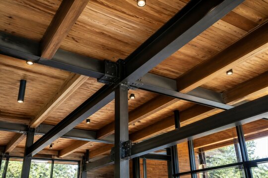 Exposed steel beams supporting wooden ceiling in interior space
