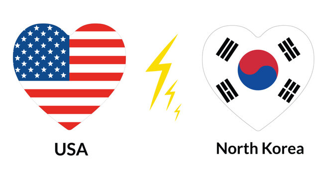 United States and South Korea Flag Symbols with Lightning Bolt on White Background in heart shape