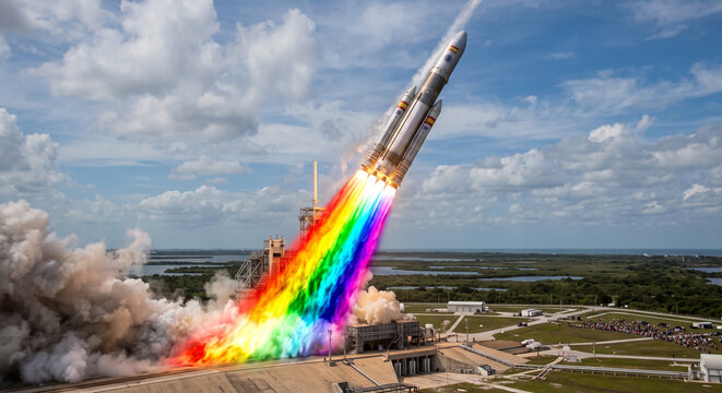 A space rocket taking off from a launchpad with a vibrant rainbow-colored exhaust trail against a blue sky with clouds.