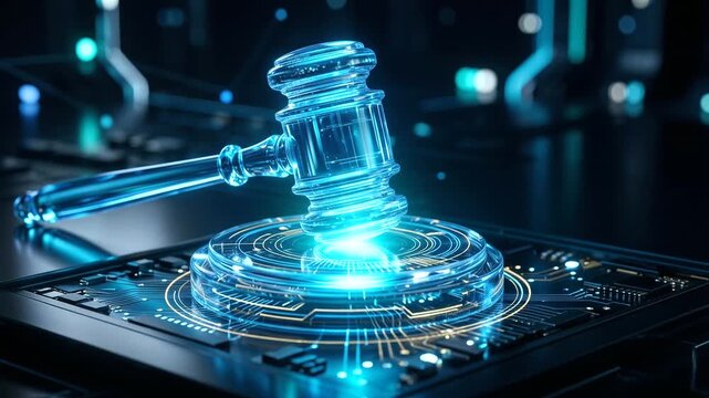 Glowing digital judge gavel resting on a futuristic circuit board, representing cyber law, artificial intelligence regulation, legal technology and digital justice.