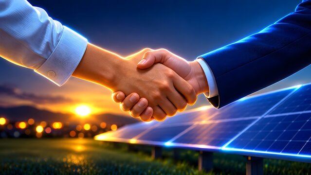 Two executives shaking hands above solar panels during sunset. Concept of renewable energy investment and sustainable corporate partnership.