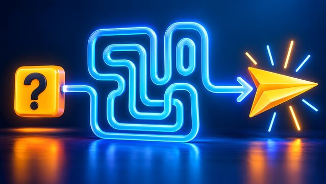 Yellow block with question mark connected by a blue neon maze path to a glowing paper airplane. Concept of corporate problem solving and navigating business challenges.