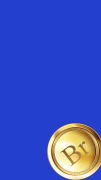 Vertical 3D animation of shiny gold Belarusian ruble coins falling on a blue background. Features dynamic movement, wealth concepts, and an included matte mask for keying and background compositing.