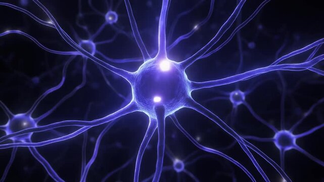 Glowing indigo light strands forming neural network pattern with subtle pulsing signals