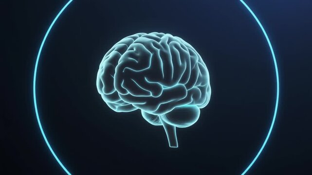 Glowing translucent brain in left third with wide empty dark copy space on right