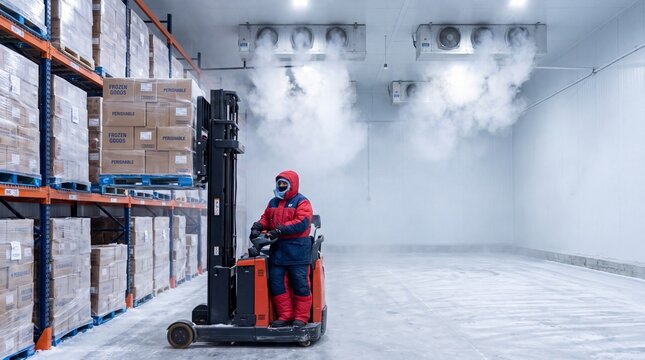 Electric Reach Truck Moving Pallets in Minus 25C Cold Storage Warehouse