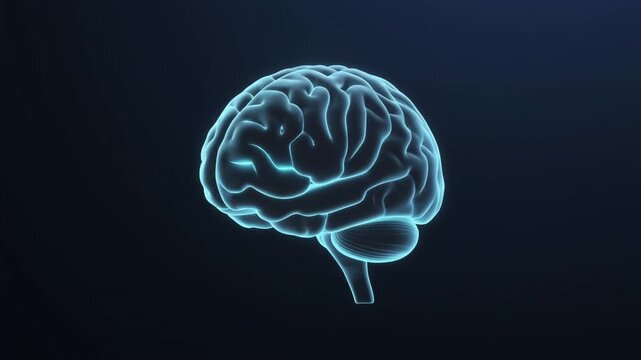 Cyan glowing translucent brain in left third with empty dark copy space on right