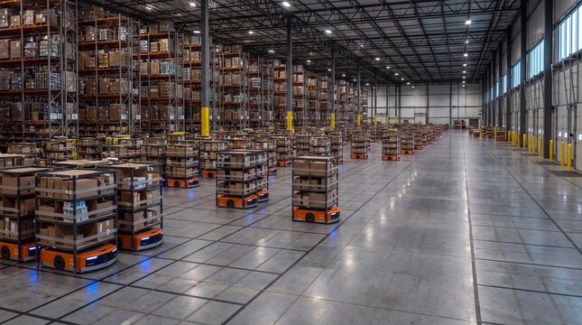 Fleet of Autonomous Mobile Robots AMRs Transporting Pods in Warehouse