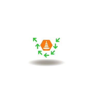 Vector illustration of traffic cone and arrows indicating path around hazard or obstacle. Symbol of pitfalls avoiding.