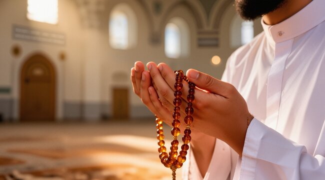 A close-up of a Muslim man&rsquo;s hands holding prayer beads (misbaha) during prayer, the beads in deep amber color, soft light falling on the hands, a blurred mosque interior in the background, spiritual 