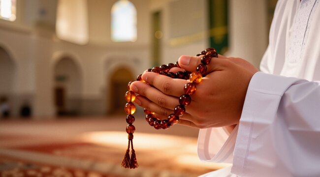A close-up of a Muslim man&rsquo;s hands holding prayer beads (misbaha) during prayer, the beads in deep amber color, soft light falling on the hands, a blurred mosque interior in the background, spiritual 