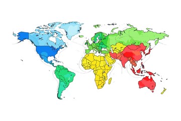 Colorful illustrated world map with continents shaded in blue, green, yellow, and red gradients, featuring country borders and dotted geographic lines. © Umm Hamzah