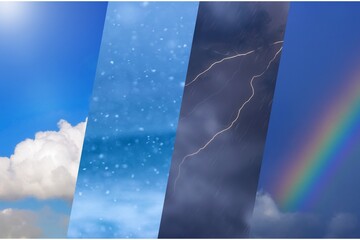 Obraz premium Weather collage featuring sunshine, clouds, snowfall, lightning, rain, and rainbow, representing diverse atmospheric conditions.