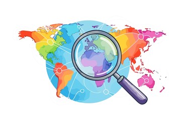Colorful world map with a large magnifying glass, network lines, and location markers, symbolizing global research, exploration, connectivity, and geographic discovery. © Umm Hamzah