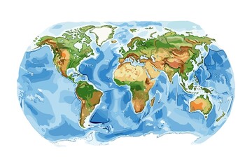 Hand-painted world map showing continents, mountains, deserts, forests, and oceans in rich green, brown, and blue tones with detailed geographic textures. © Umm Hamzah