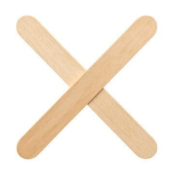 Two plain wooden ice cream sticks crossed diagonally in an X shape, smooth light wood texture, isolated on transparent background for craft projects and creative diy art design elements