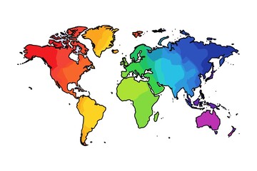Colorful hand-drawn world map featuring continents in vibrant gradient colors, bold black outlines, and a clean white background. © Umm Hamzah