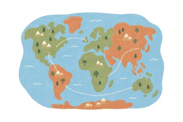 Cute hand-painted world map with soft pastel colors, dotted travel routes, mountains, forests, islands, oceans, and playful geographic details. © Umm Hamzah