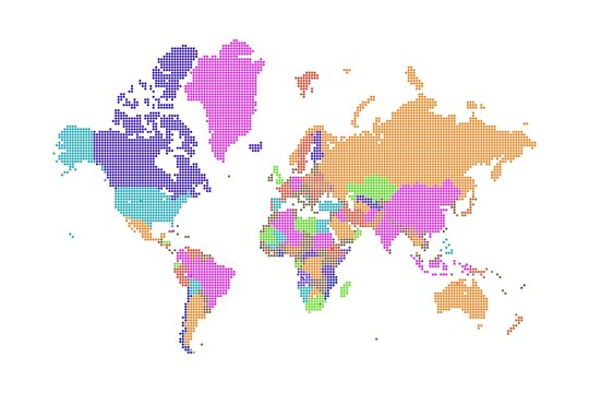 Colorful dotted world map made of circular halftone patterns, with continents in vibrant purple, orange, green, blue, pink, and teal on white.