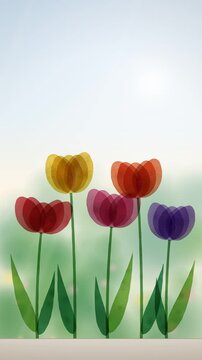 Tissue paper tulips glued on a sunny window, red, yellow, pink, coral and pu
