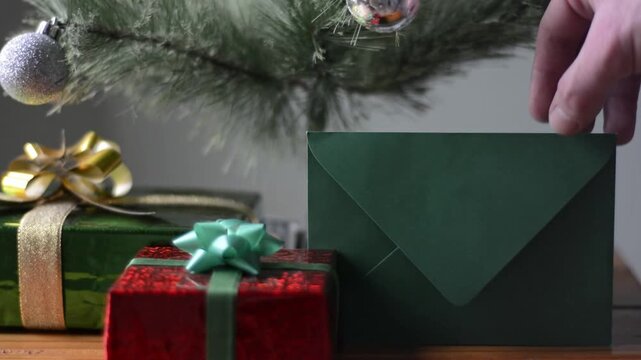 Hand placing green envelope near christmas gifts under tree